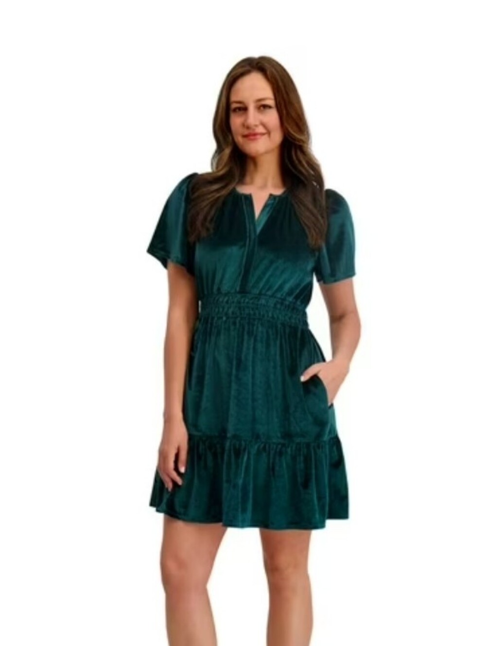 French Connection Emerald Green Short Sleeve Tiered Dress